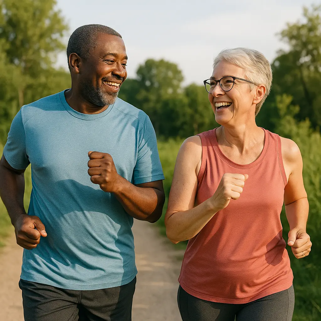 Two people exercising outdoors to improve health and reduce disease risk